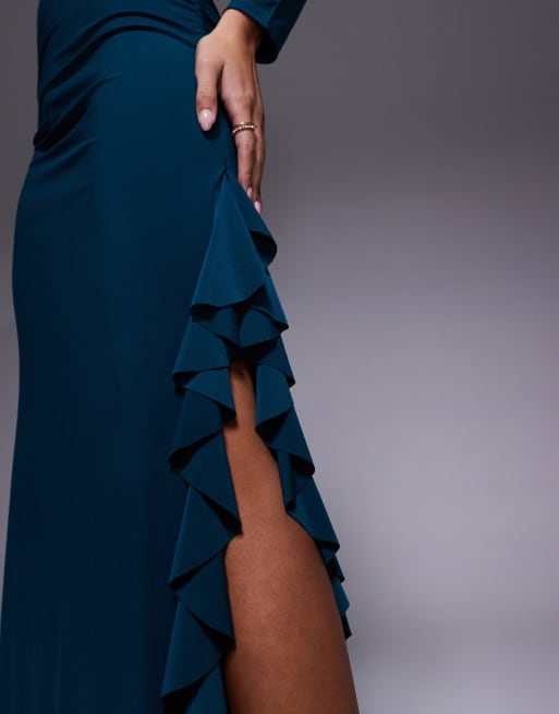 ASOS DESIGN long sleeve frill detail a-line maxi dress in teal
