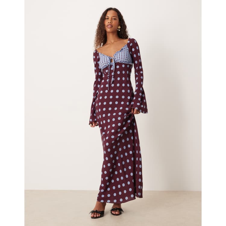 ASOS DESIGN long sleeve frill detail maxi dress in burgundy polka dots |  ASOS