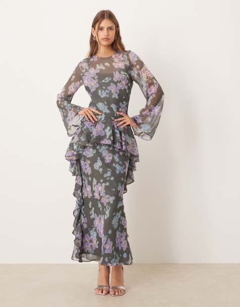 ASOS DESIGN long sleeve frill hem chiffon maxi dress in blue floral