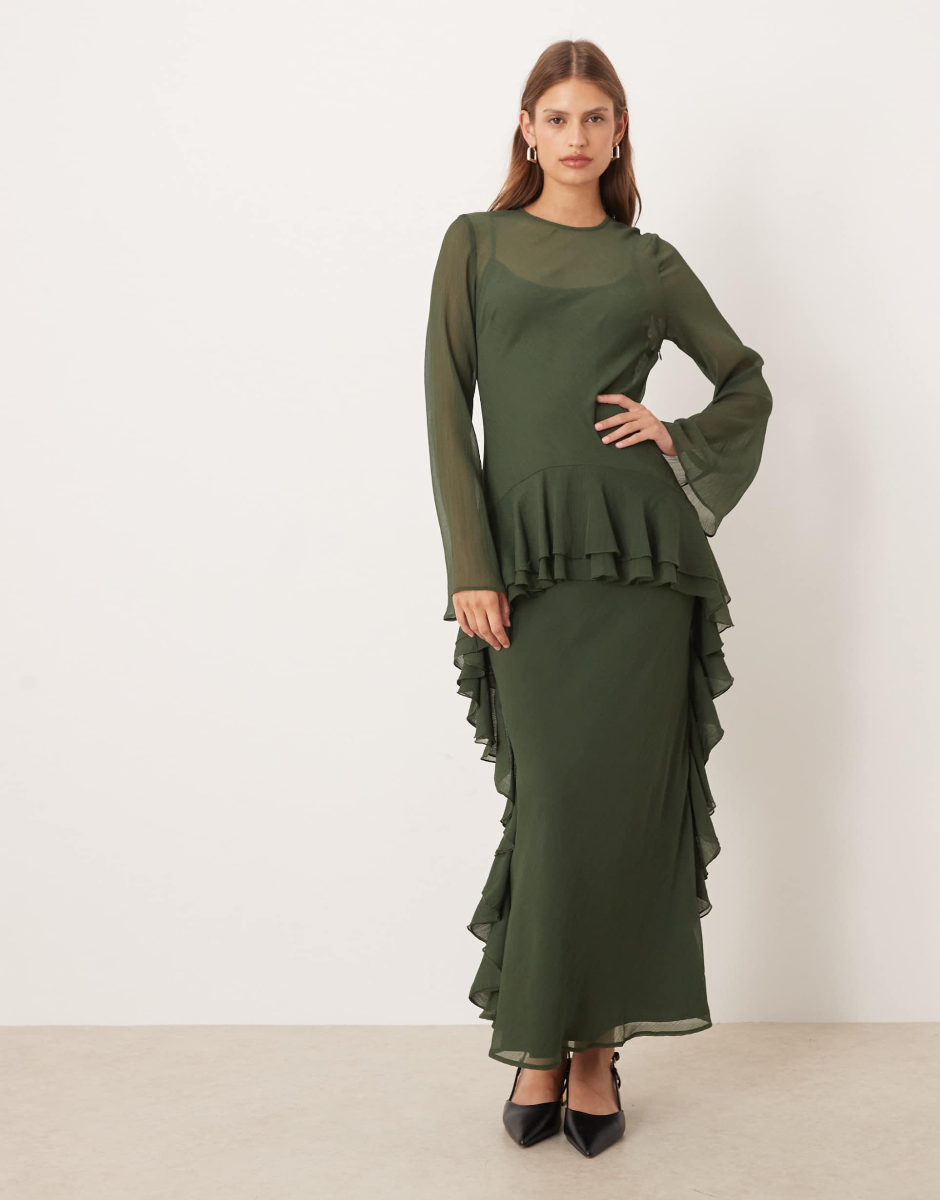 asos design long sleeve frill hem chiffon maxi dress in dark green