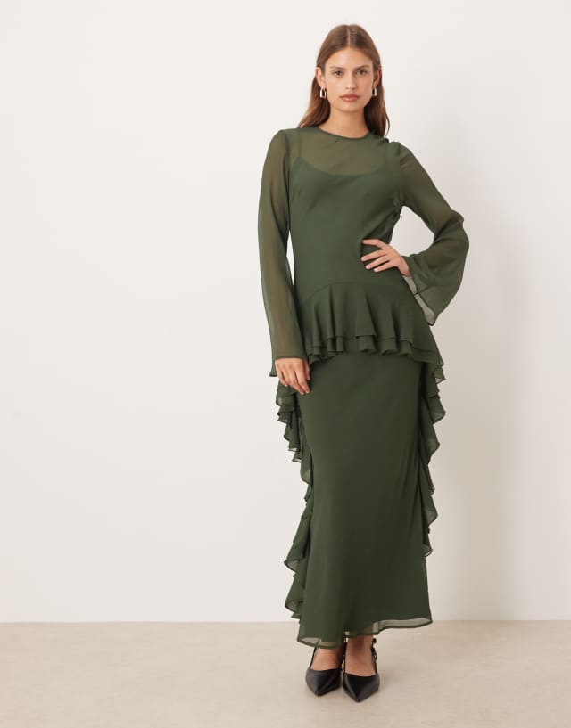 dark green dress with long sleeves ASOS Design - Sleeve Frill Hem Chiffon Maxi - Women - Polyester - 2 US Tulle Color:Navy Blue / Mustard sweetheart mini dress Formal Dresses Store | 65% Rayon