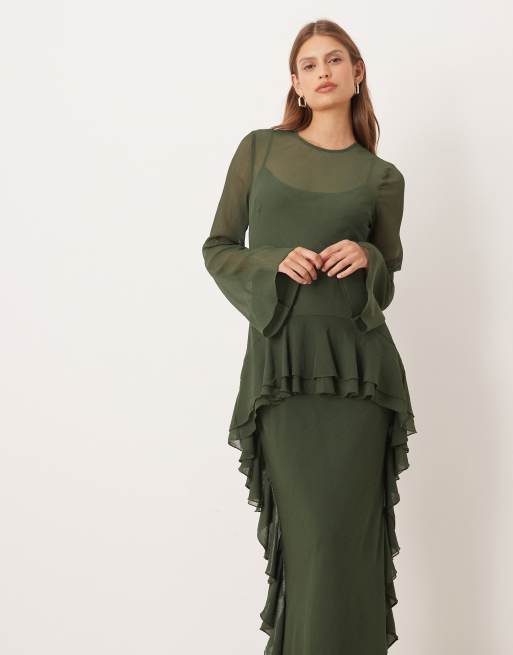 ASOS DESIGN long sleeve frill hem chiffon maxi dress in dark green, 2 of 4