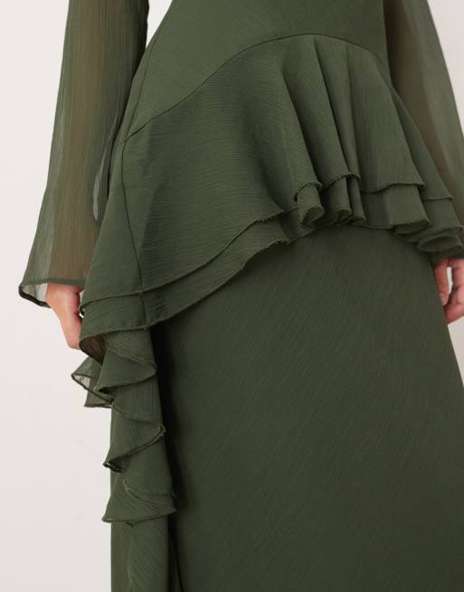 ASOS DESIGN long sleeve frill hem chiffon maxi dress in dark green, 3 of 4