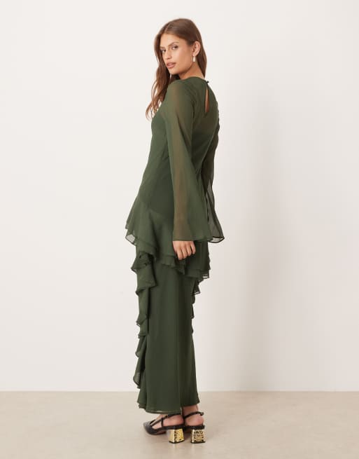 ASOS DESIGN long sleeve frill hem chiffon maxi dress in dark green, 4 of 4