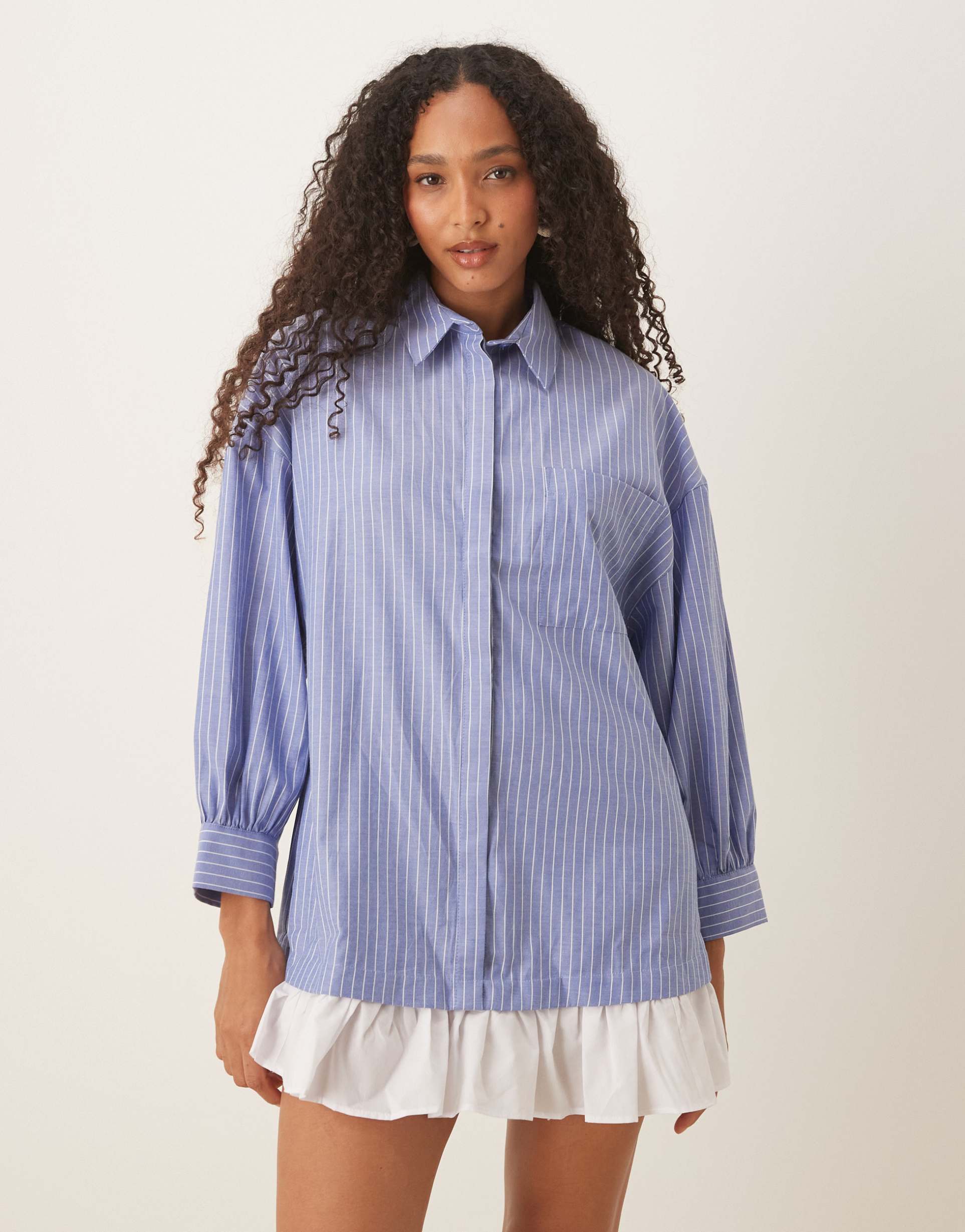 asos design long sleeve frill hem mini shirt dress in blue stripe