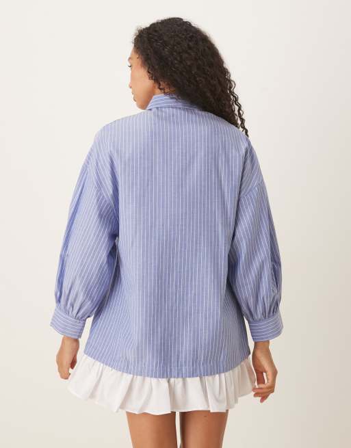 ASOS DESIGN long sleeve frill hem mini shirt dress in blue stripe, 3 of 4