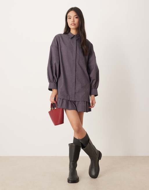 ASOS DESIGN long sleeve frill hem mini shirt dress in brown and navy check