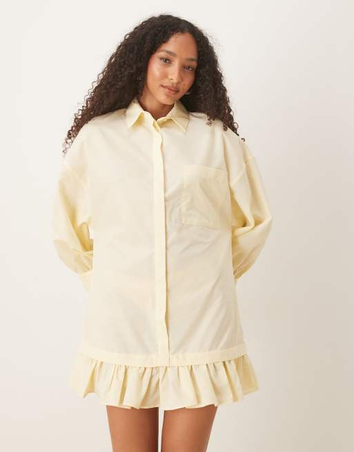 ASOS DESIGN long sleeve frill hem mini shirt dress in buttermilk, 4 of 4