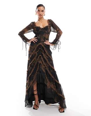 Asos Design Long Sleeve Frill High Low Maxi Dress In Abstract Print-multi