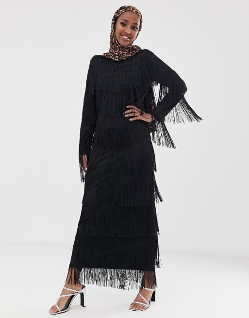 ASOS DESIGN long sleeve fringe column maxi dress