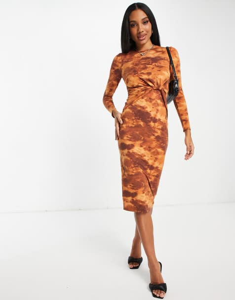 ASOS DESIGN long sleeve front knot open back midi dress in brown tie dye print