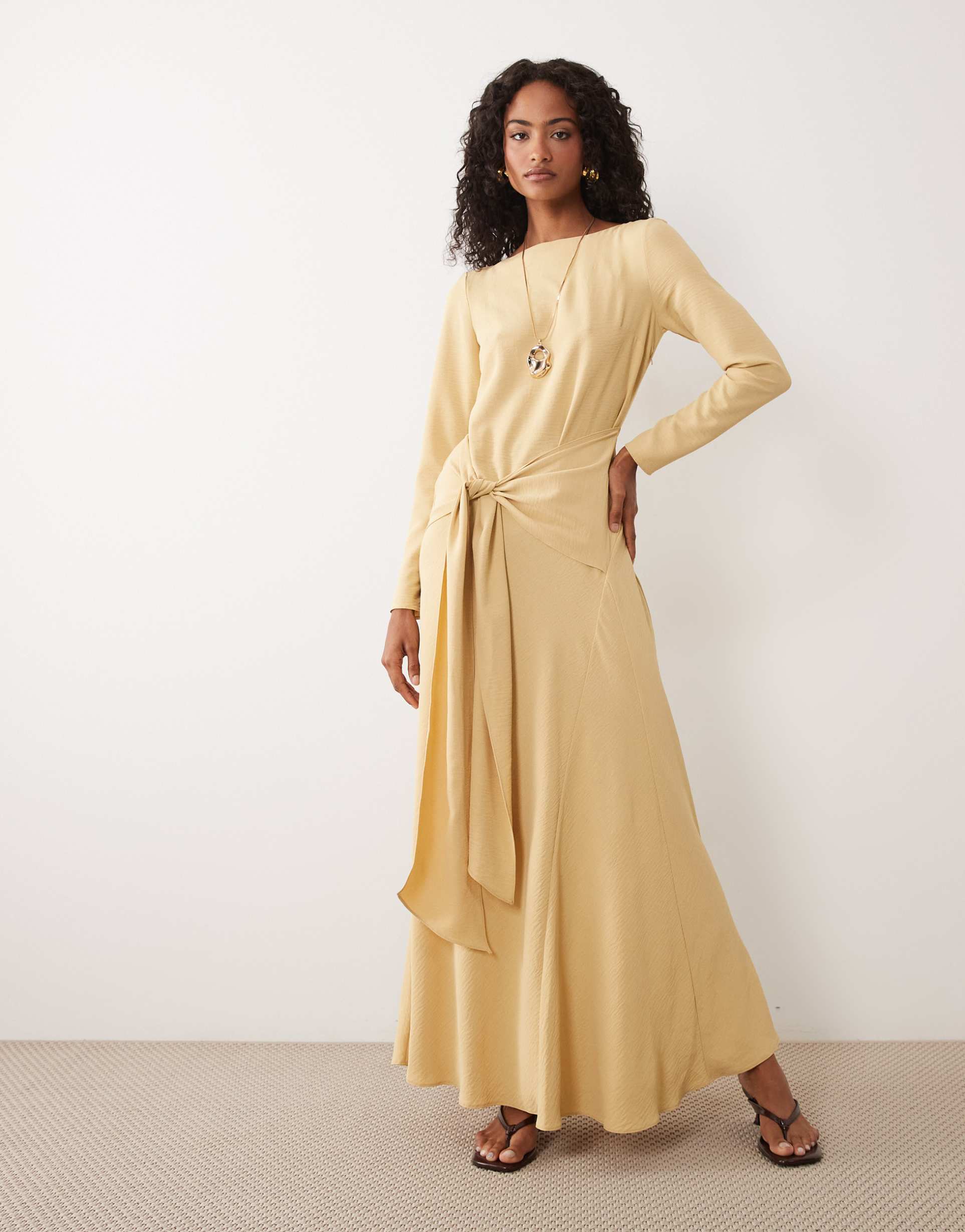 asos design long sleeve full hem maxi dress with tie detail in gold