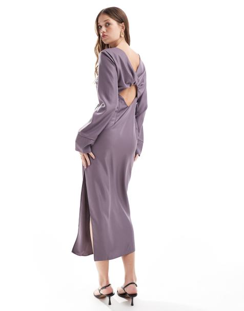 ASOS DESIGN long sleeve gathered waist midi with twist back detail in deep mauve - view 1