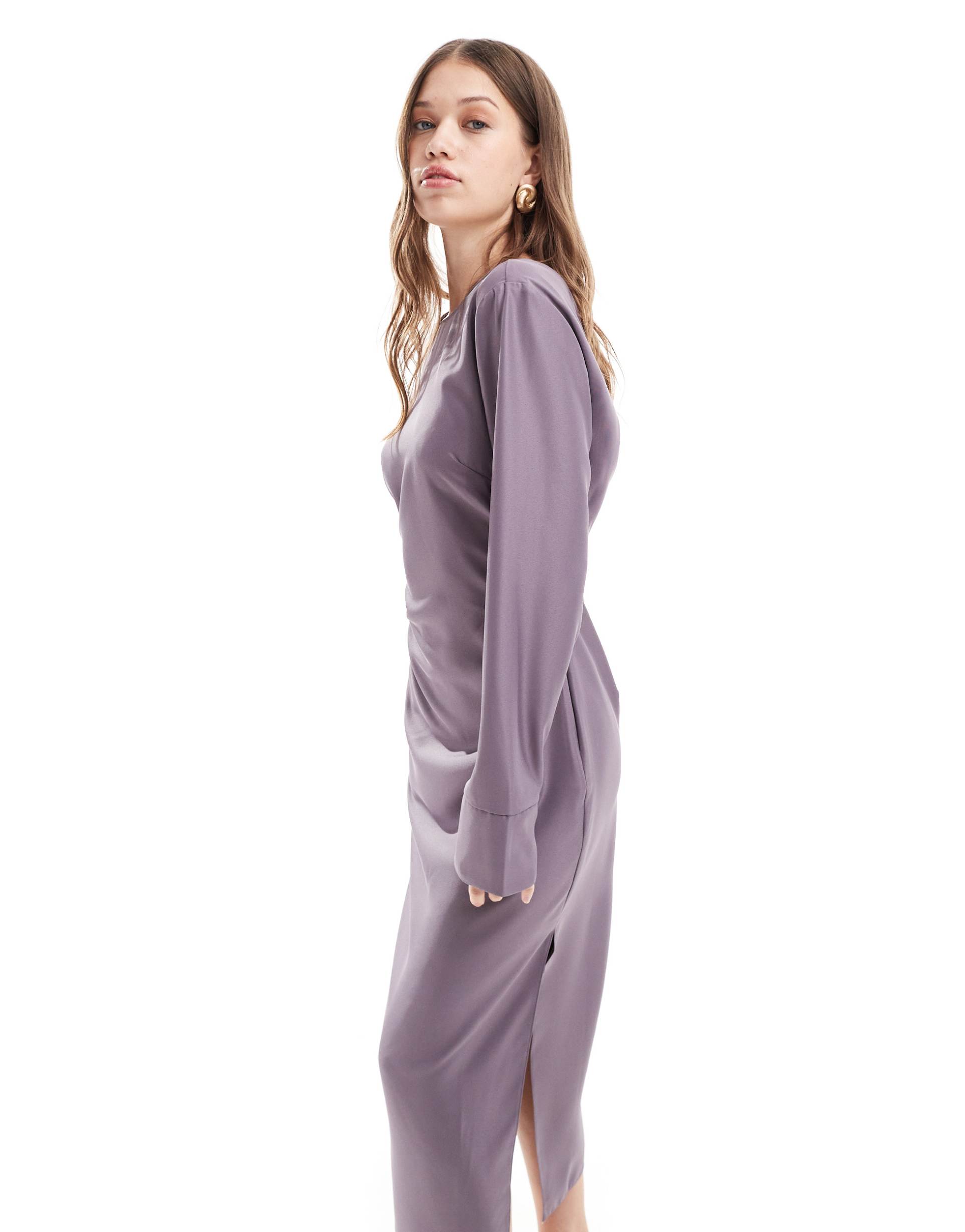 asos design long sleeve gathered waist midi with twist back detail in deep mauve