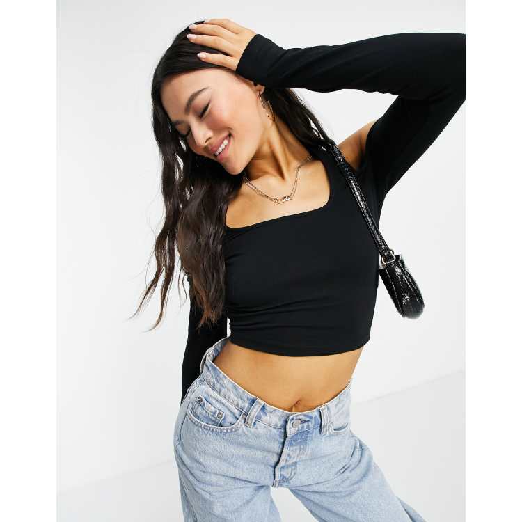 ASOS DESIGN Fuller Bust crop top with high neck and skinny straps in black