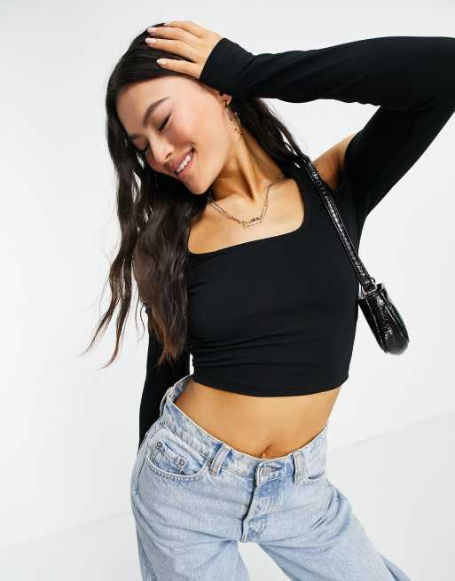 ASOS DESIGN long sleeve crop top with v wire in black