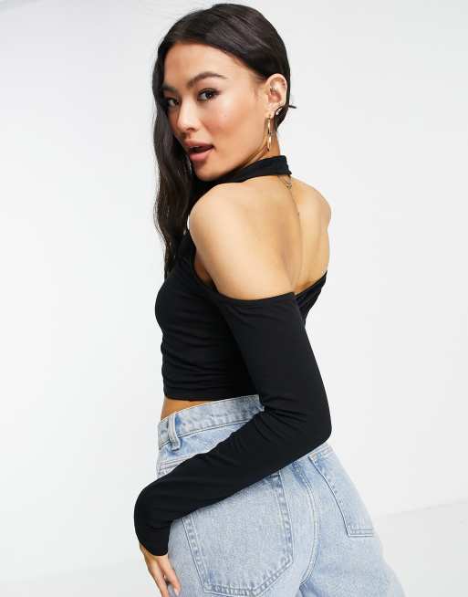 ASOS DESIGN crop top with halter neck in black