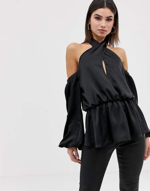 Halter top featuring off-shoulder design, triple umbrella sleeves