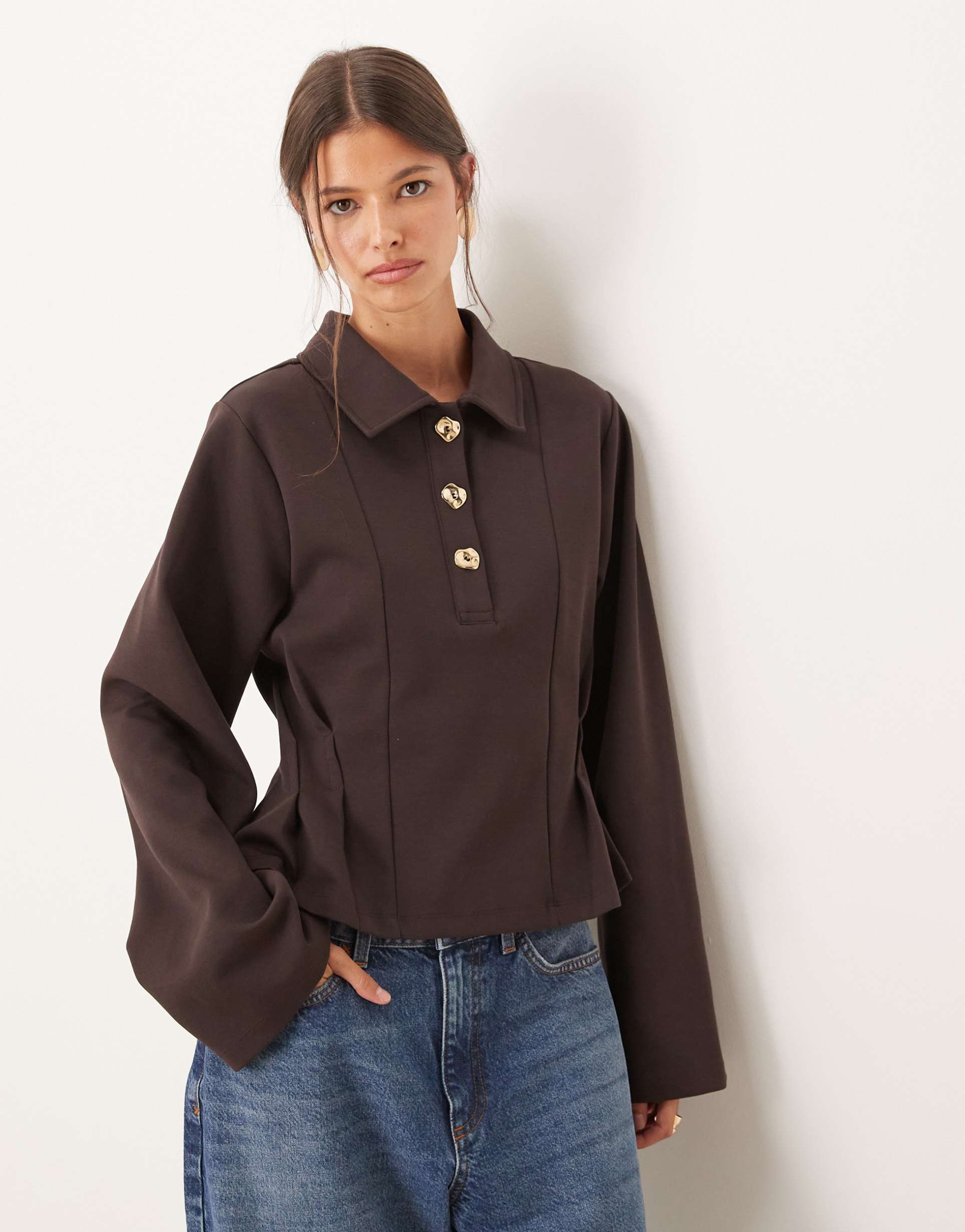 asos design long sleeve hardware detail corset seam top in chocolate