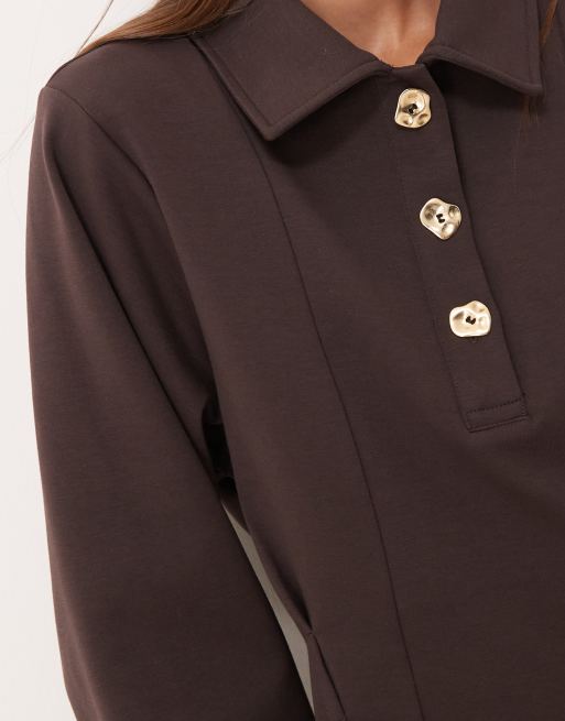 ASOS DESIGN long sleeve hardware detail corset seam top in chocolate, 4 of 4