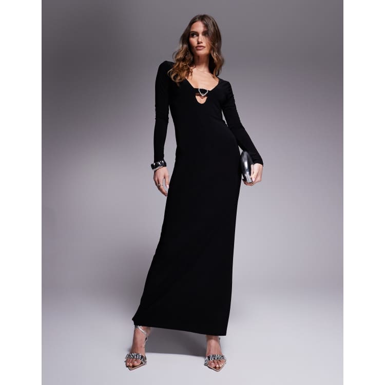 premium jersey long sleeve cut out maxi dress in black ASOS DESIGN heart trim with keyhole puff sleeve maxi dress
