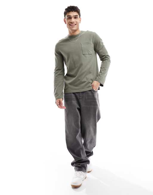 ASOS DESIGN long sleeve heavyweight T-shirt with pocket in olive