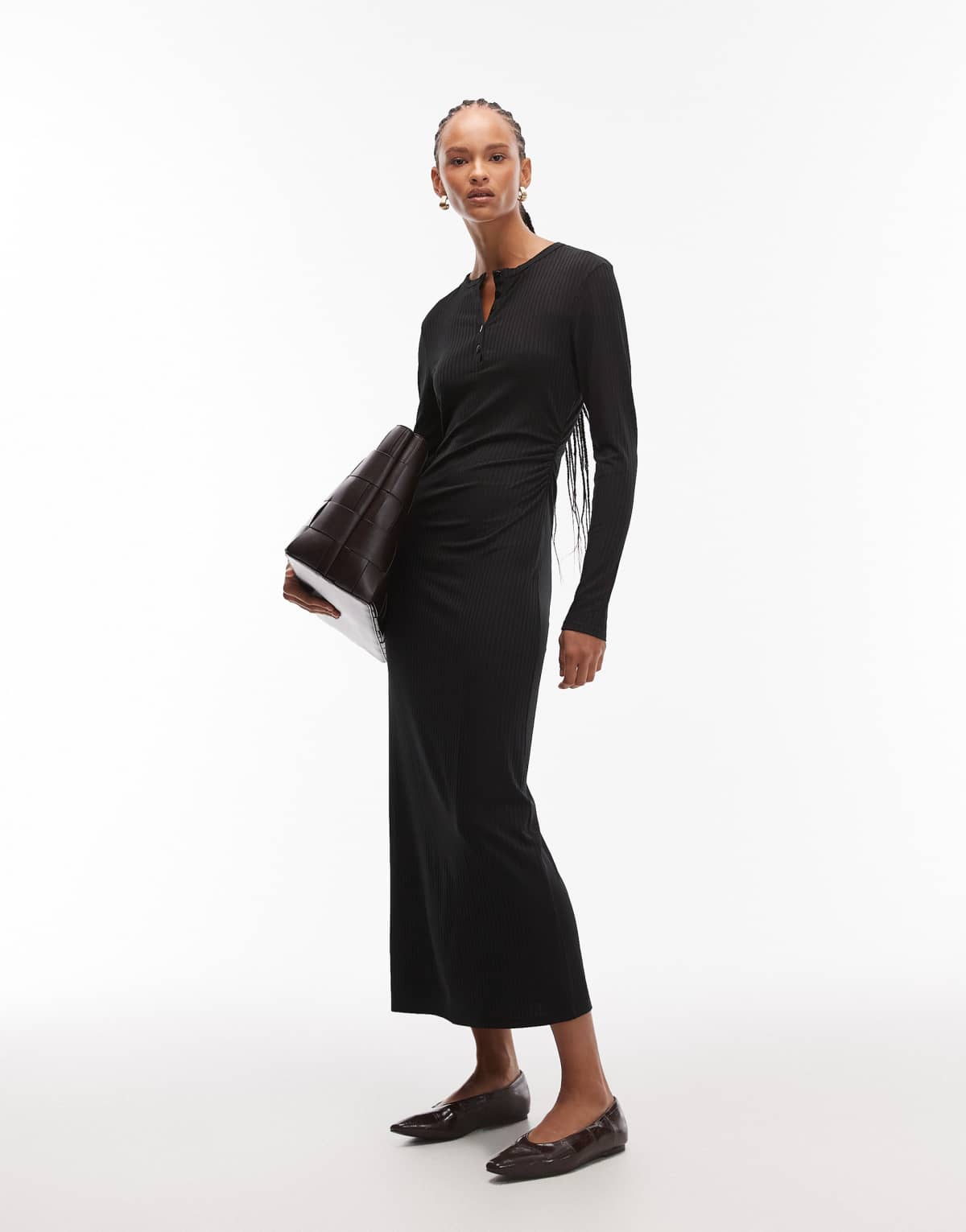 ASOS DESIGN long sleeve henley style midi dress in black