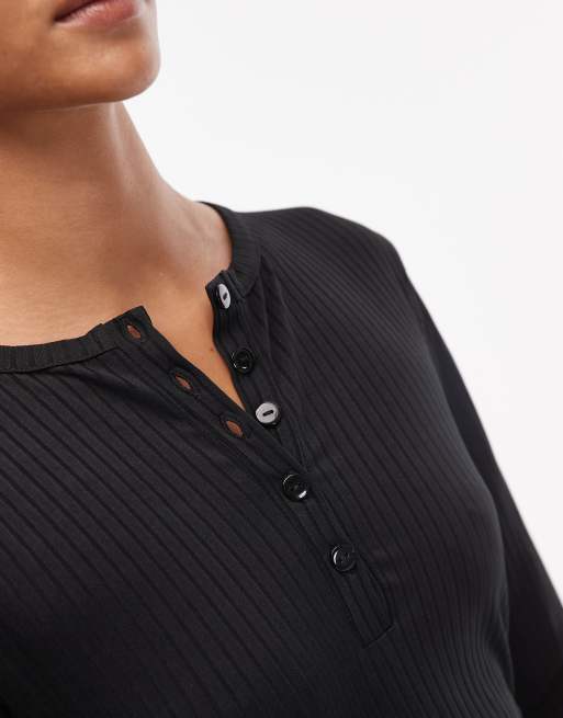 ASOS DESIGN long sleeve henley style midi dress in black, 3 of 4