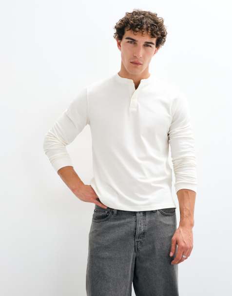 ASOS DESIGN long sleeve henley t-shirt in cream pique - view 1
