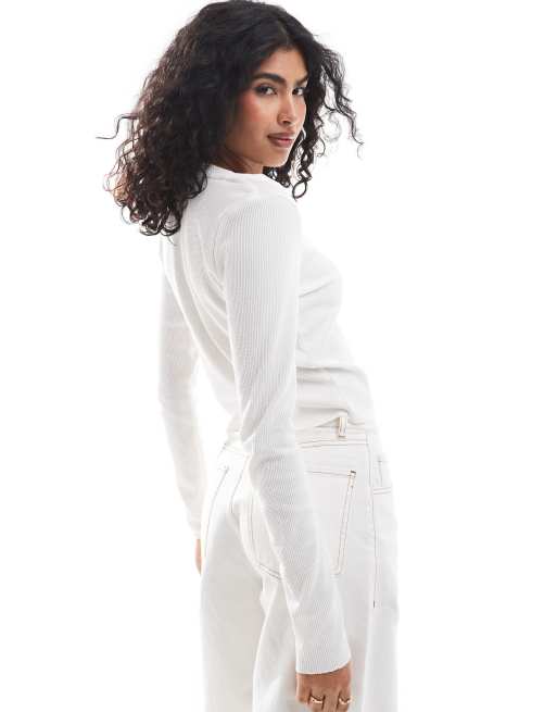 ASOS DESIGN long sleeve henley t-shirt in waffle in cream, 4 of 4