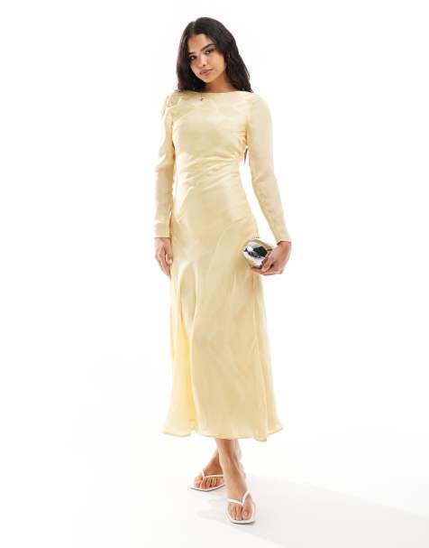 ASOS DESIGN long sleeve high neck check satin midi dress in pastel yellow - view 1