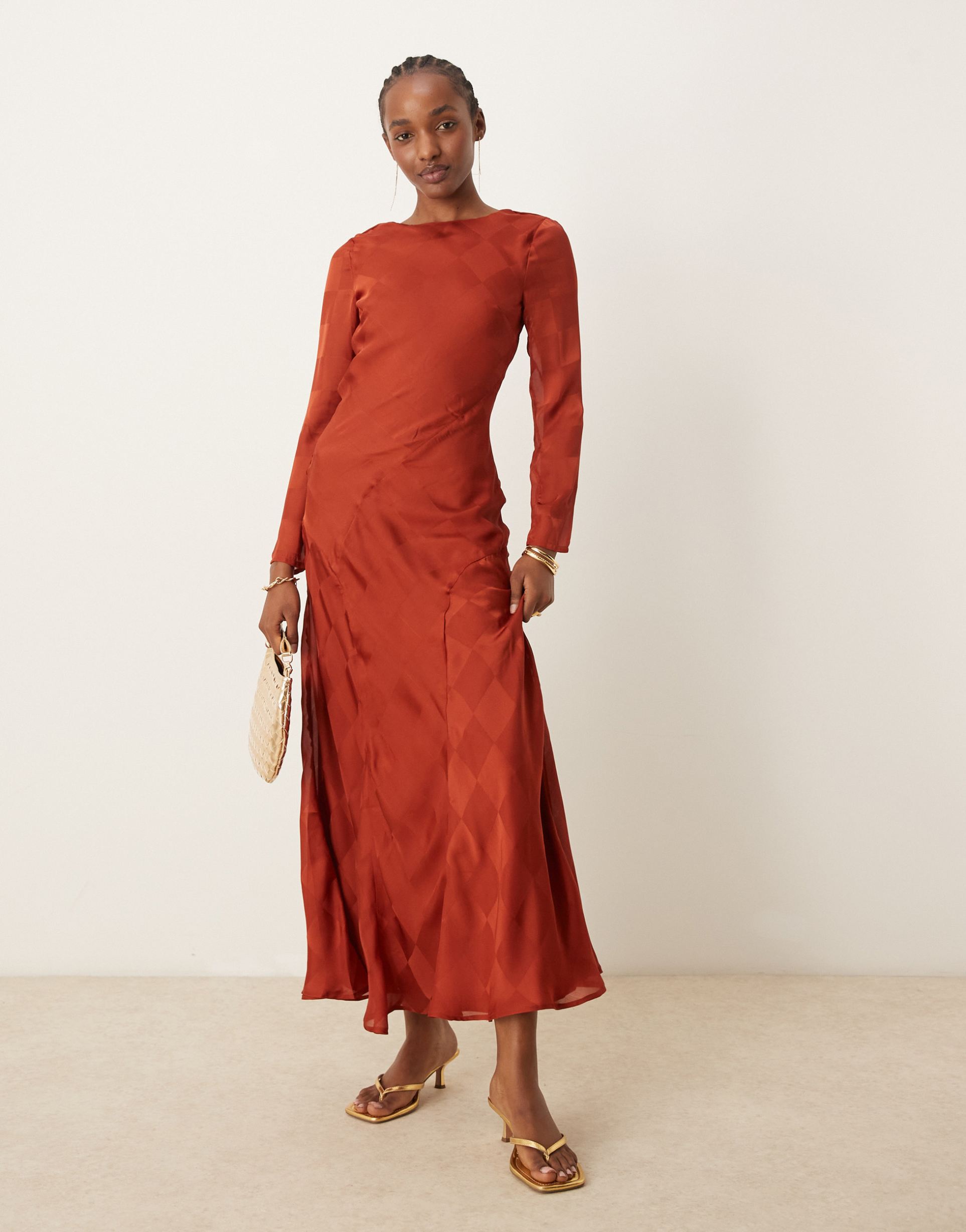 asos design long sleeve high neck check satin midi dress in rust