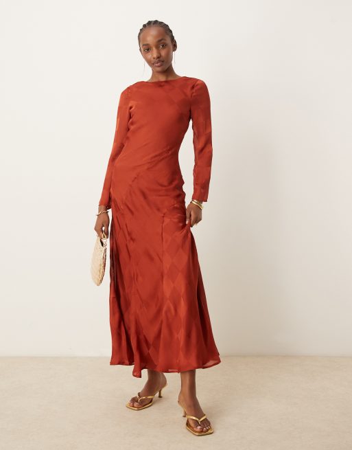 ASOS DESIGN long sleeve high neck check satin midi dress in rust