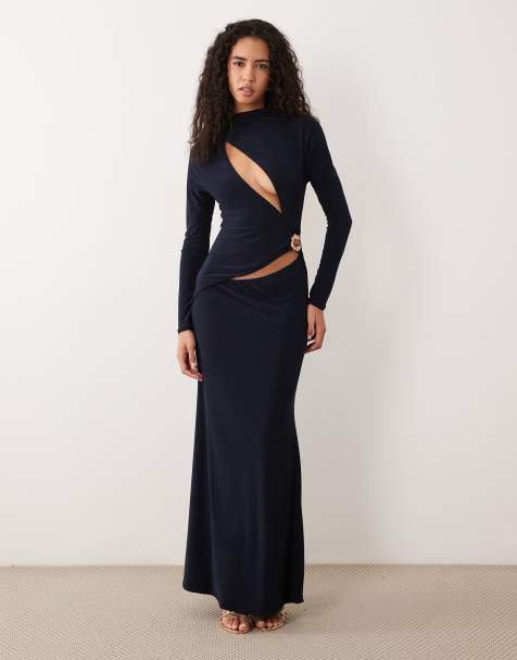 ASOS DESIGN long sleeve high neck cut out gold trim maxi dress in navy - view 1
