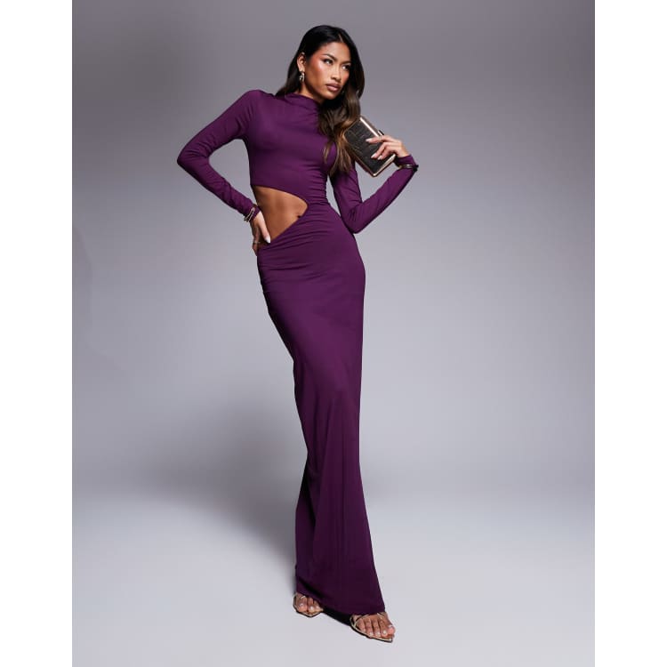ASOS DESIGN long sleeve high neck cut out maxi dress in plum | ASOS