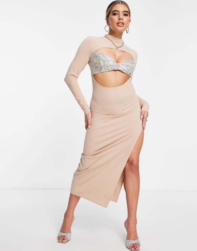 ASOS DESIGN long sleeve high neck cut out sequin bralette midi dress in blush