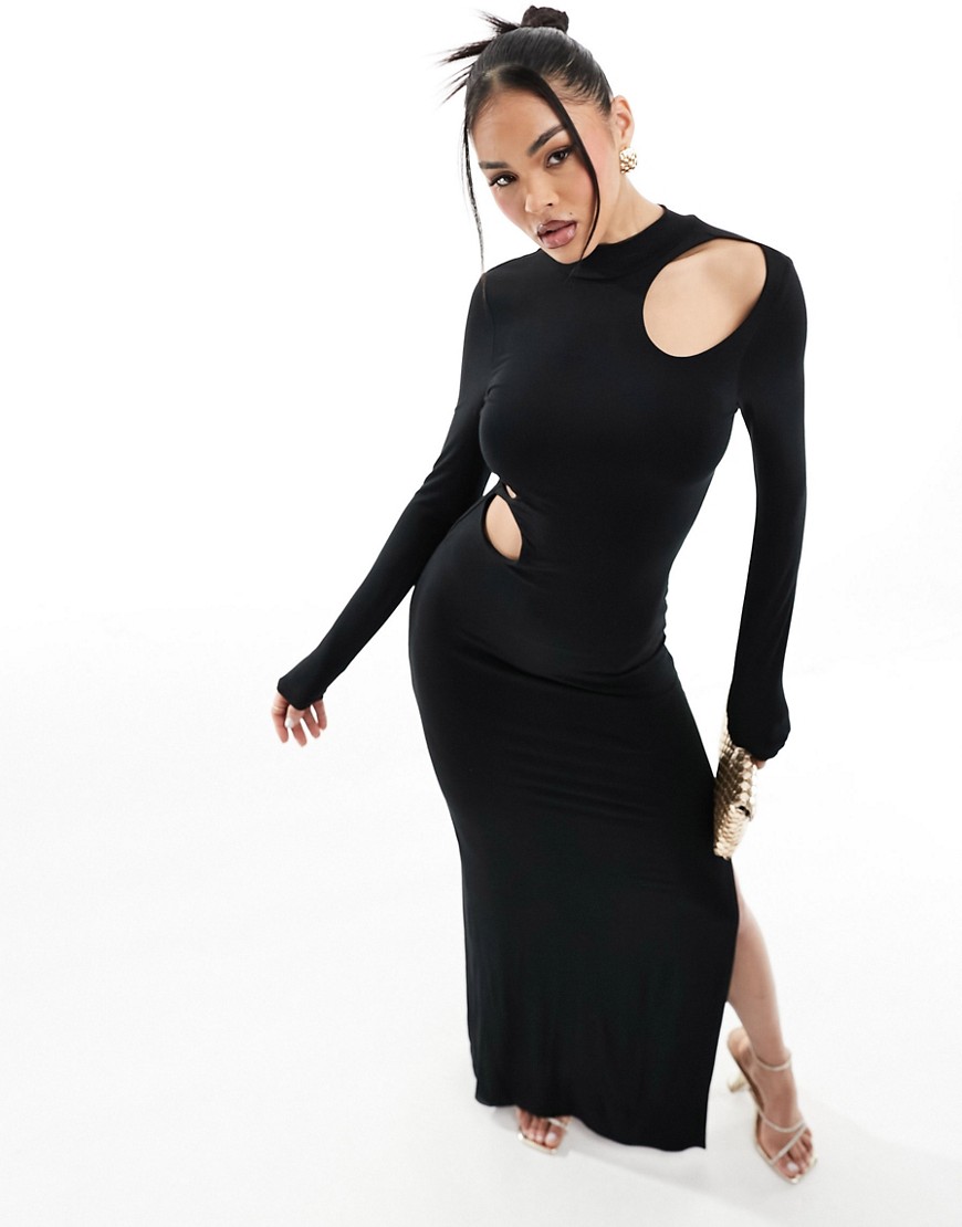 ASOS DESIGN long sleeve high neck cutout detail maxi dress in black