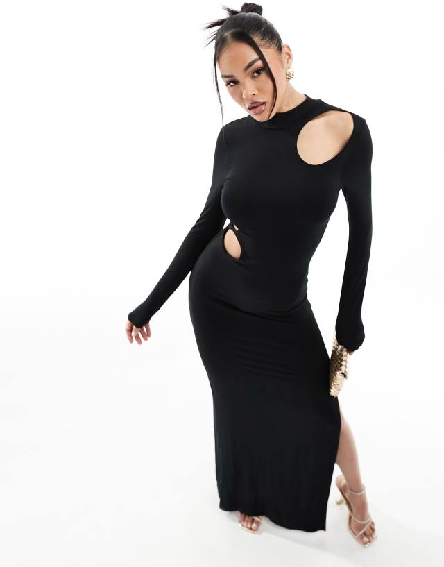 ASOS DESIGN - long sleeve high neck cutout detail maxi dress in black