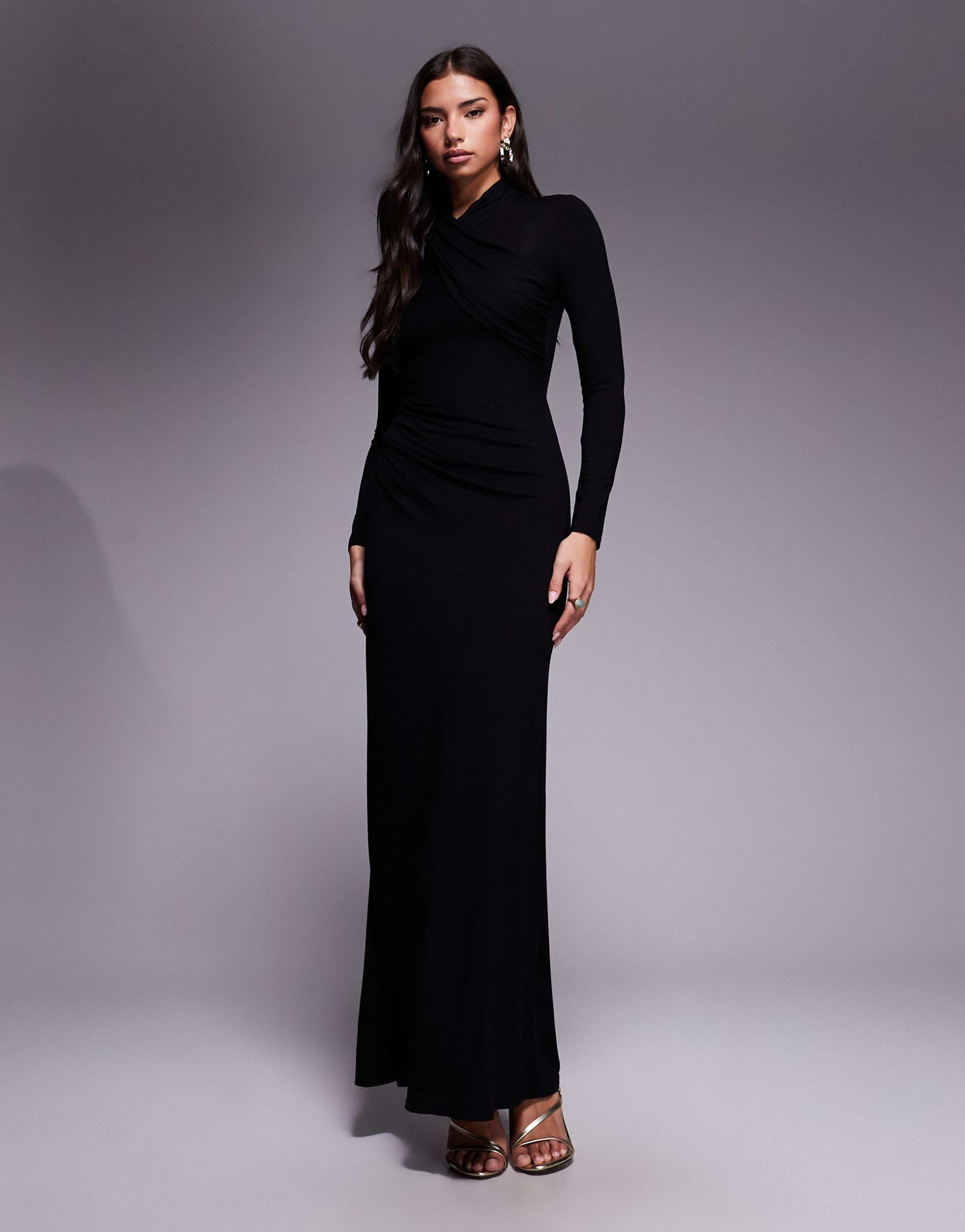 asos design long sleeve high neck drape maxi dress in black