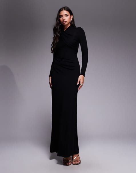 ASOS DESIGN long sleeve high neck drape maxi dress in black