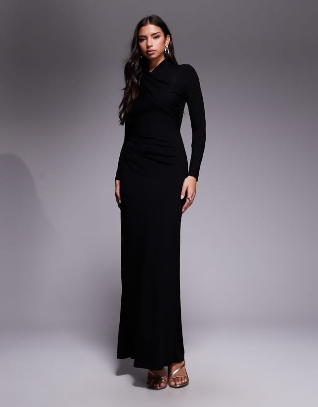 ASOS Design long sleeve high neck drape maxi dress in Black