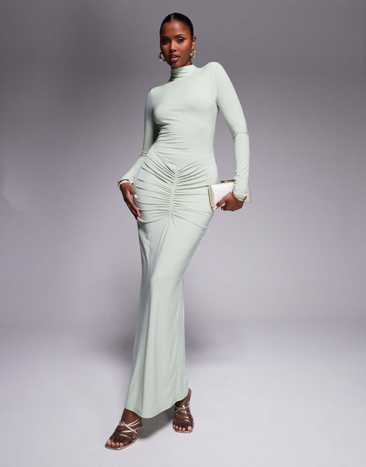 ASOS DESIGN long sleeve high neck maxi dress with central ruched detail in sage green