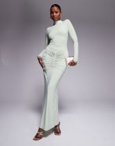 ASOS DESIGN cowl corset overlay satin chiffon mix maxi dress in taupe