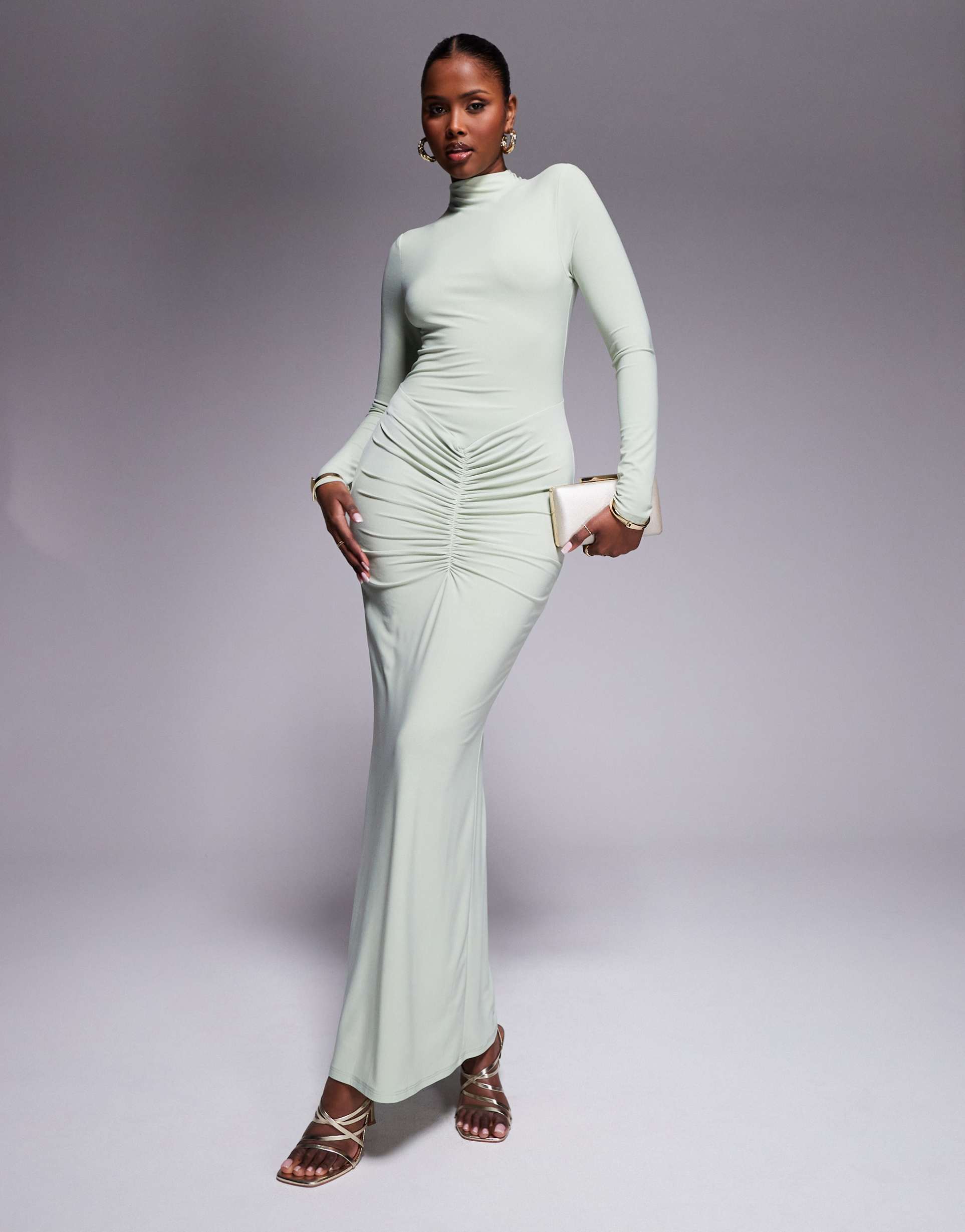 asos design long sleeve high neck maxi dress with central ruched detail in sage green