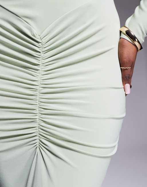 ASOS DESIGN long sleeve high neck maxi dress with central ruched detail in sage green