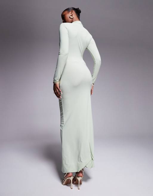 ASOS DESIGN long sleeve high neck maxi dress with central ruched detail in sage green