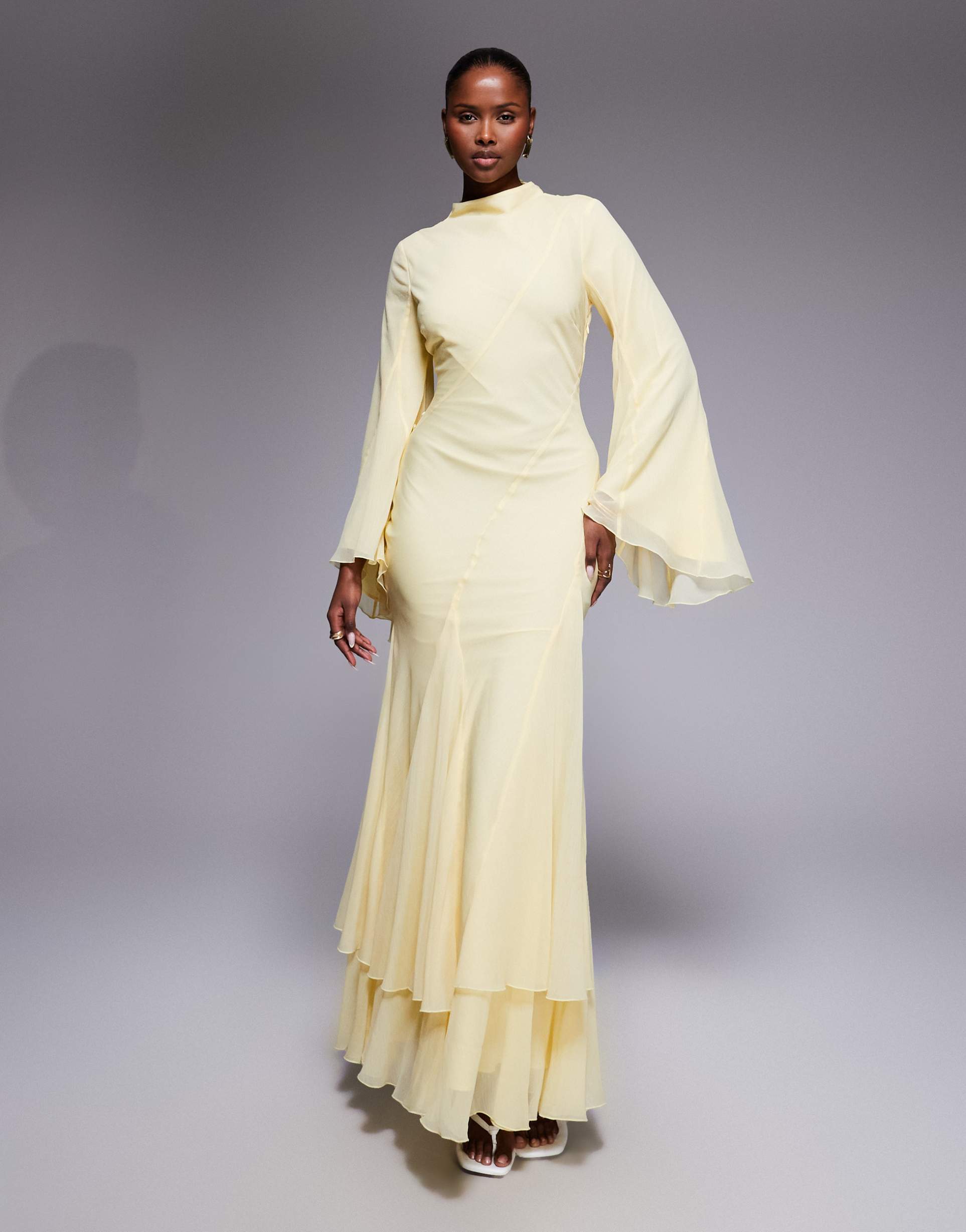 asos design long sleeve high neck maxi dress with ruffle godets and flute sleeves in buttermilk