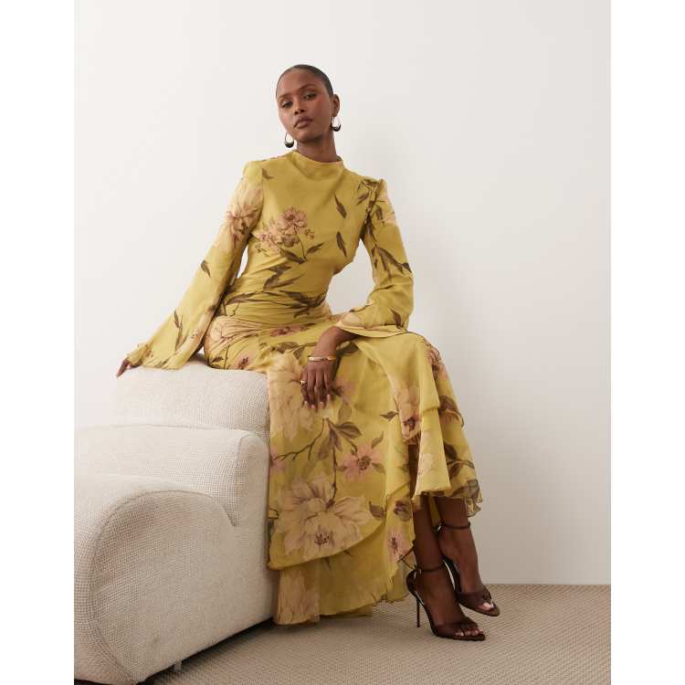 floral dress with sleeves Frill Trim Flounce Sleeve Plunge Maxi  Perfect Little Peach mid sleeves with elasticised cuffs ASOS DESIGN long sleeve high