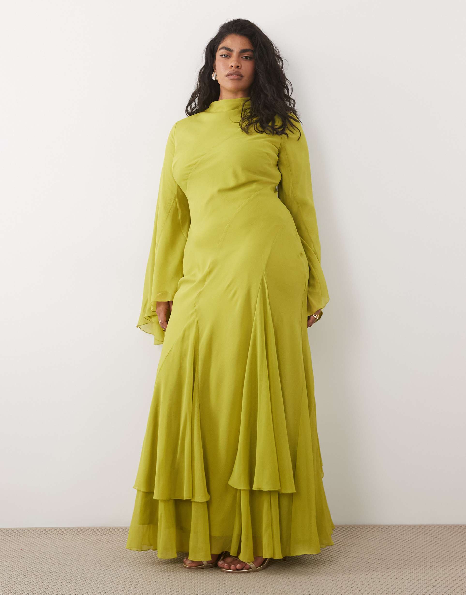 asos design long sleeve high neck maxi dress with ruffle godets and flute sleeves in olive green
