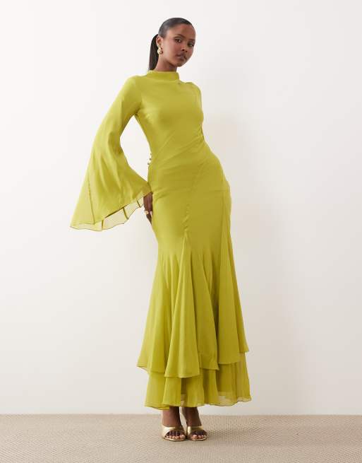 ASOS DESIGN long sleeve high neck maxi dress with ruffle godets and flute  sleeves in olive green | ASOS